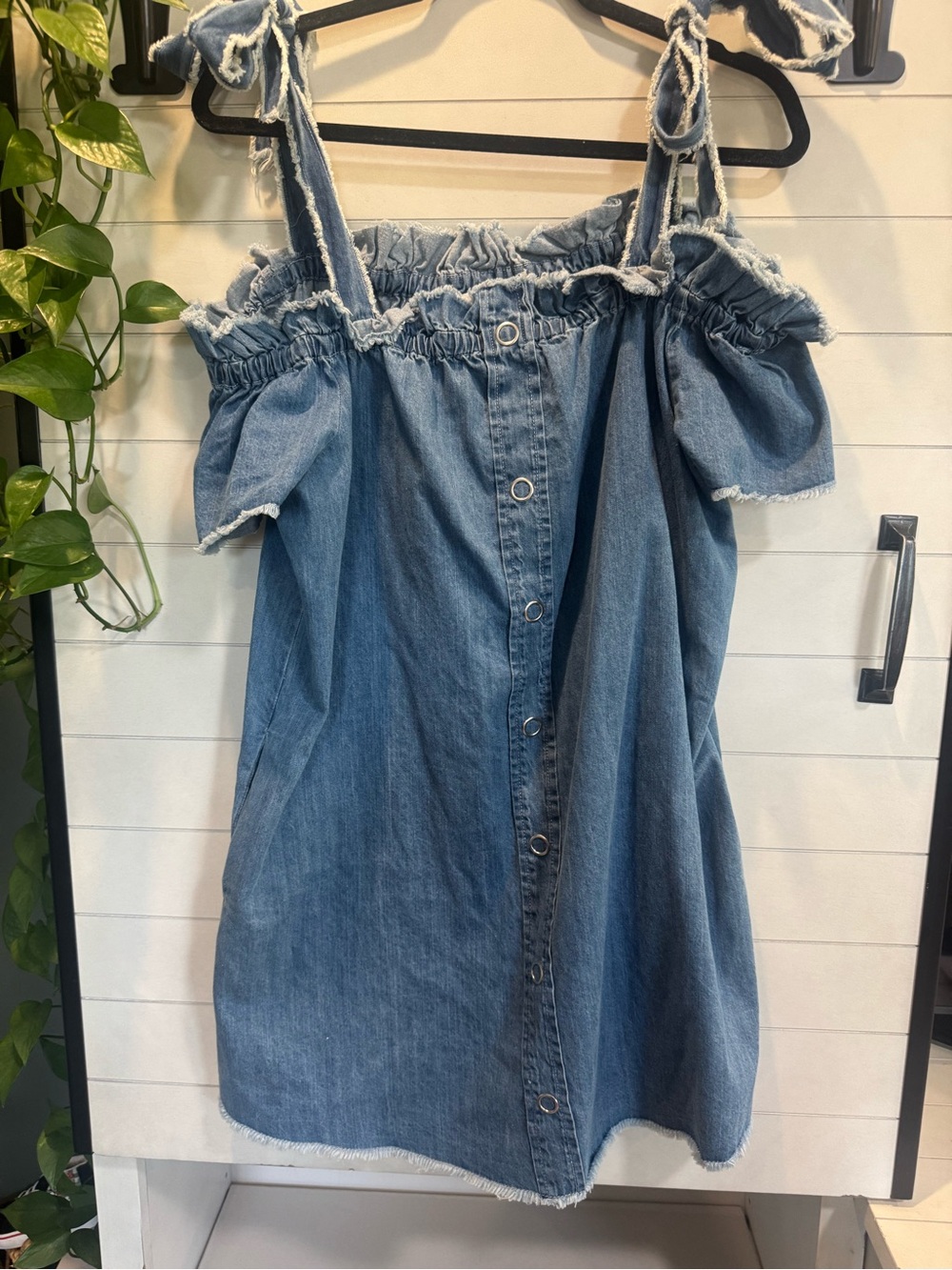 Dance & Marvel Blue Off-Shoulder Tie-Strap Denim Dress